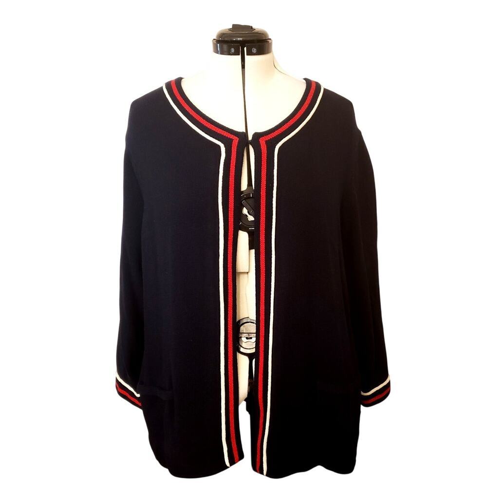 Talbots Blue Open Front Cardigan Sweater Red White Stripe Trim | SZ 3X | NWT
